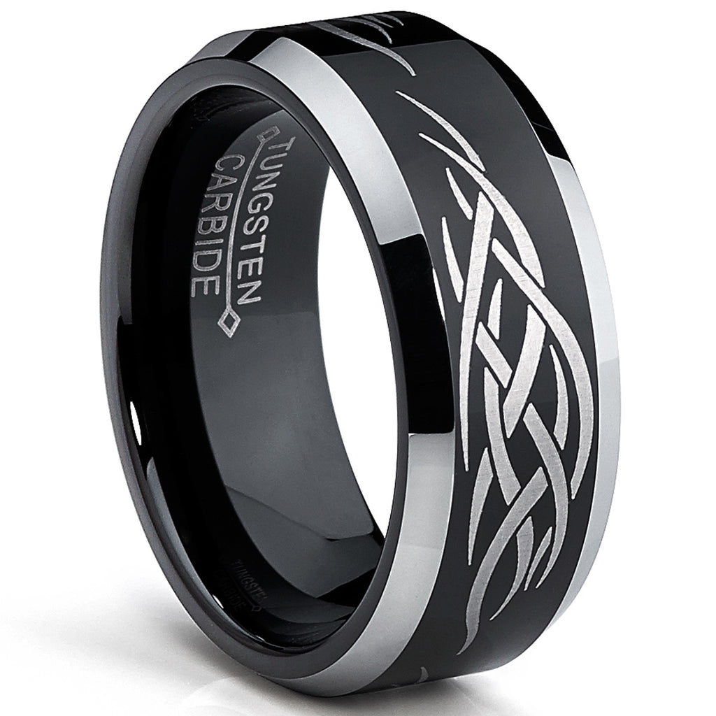 8MM Black Men's Tungsten Ring with Laser Etched Tribal Design Sizes 7 to 13