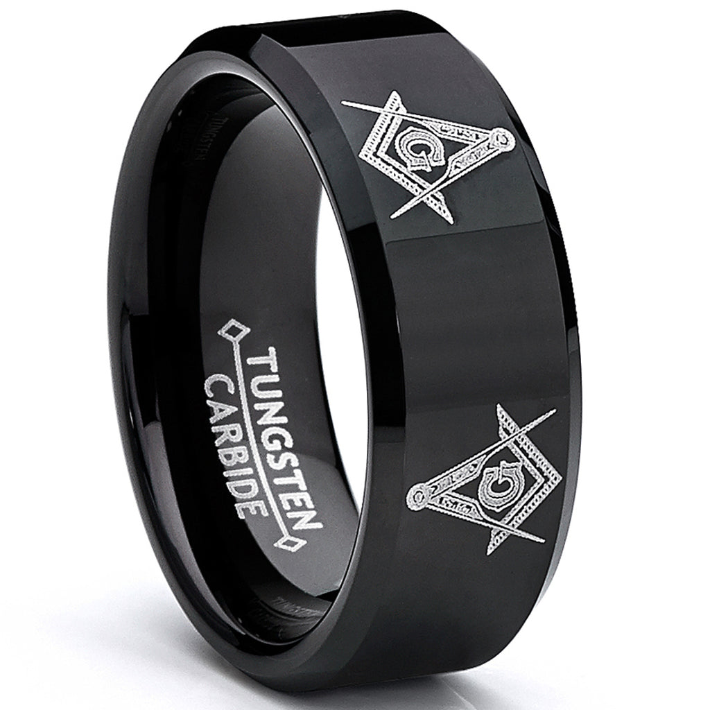 8MM Black FREEMASON MASONIC Tungsten Carbide Ring Men's Bands Sizes 7 to 15