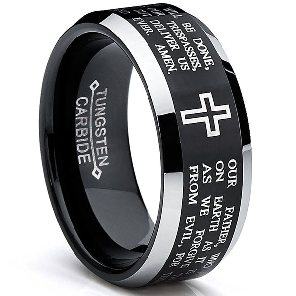 Men's Lords Prayer Tungsten Ring Christian Cross Wedding Band Black 8MM