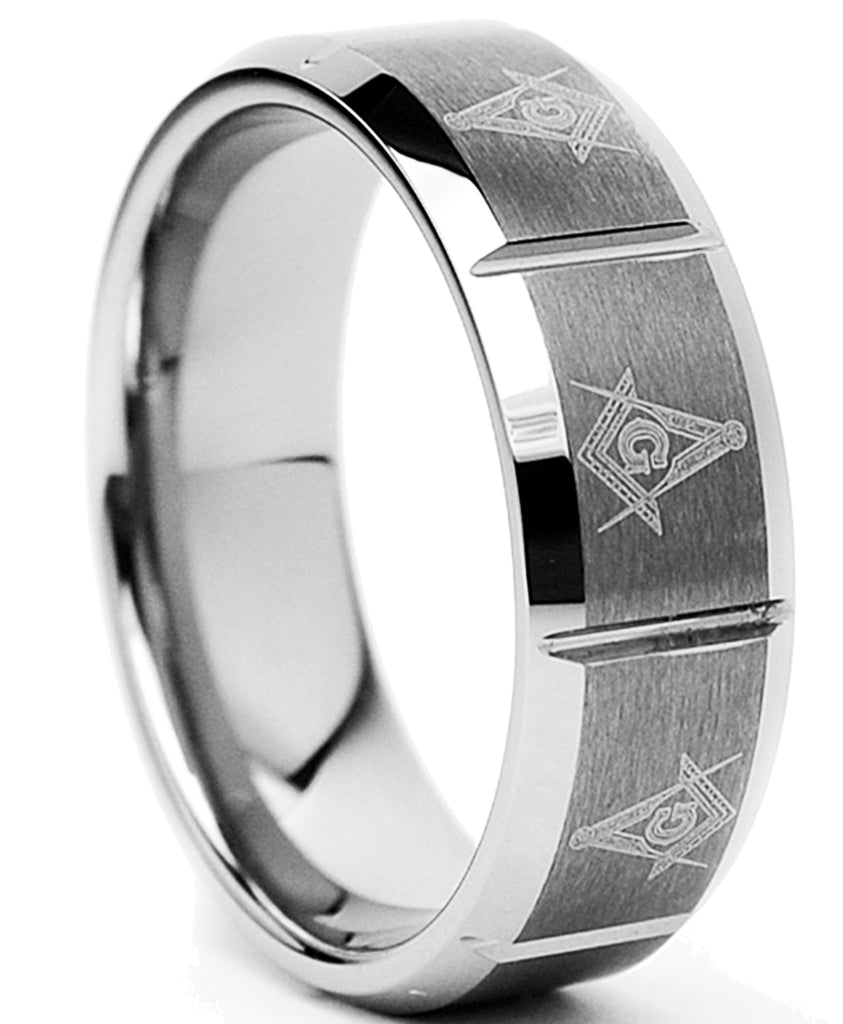 Tungsten Carbide Men's Laser Etched Masonic Ring, 8mm Comfort Fit, Sizes 7 to 13