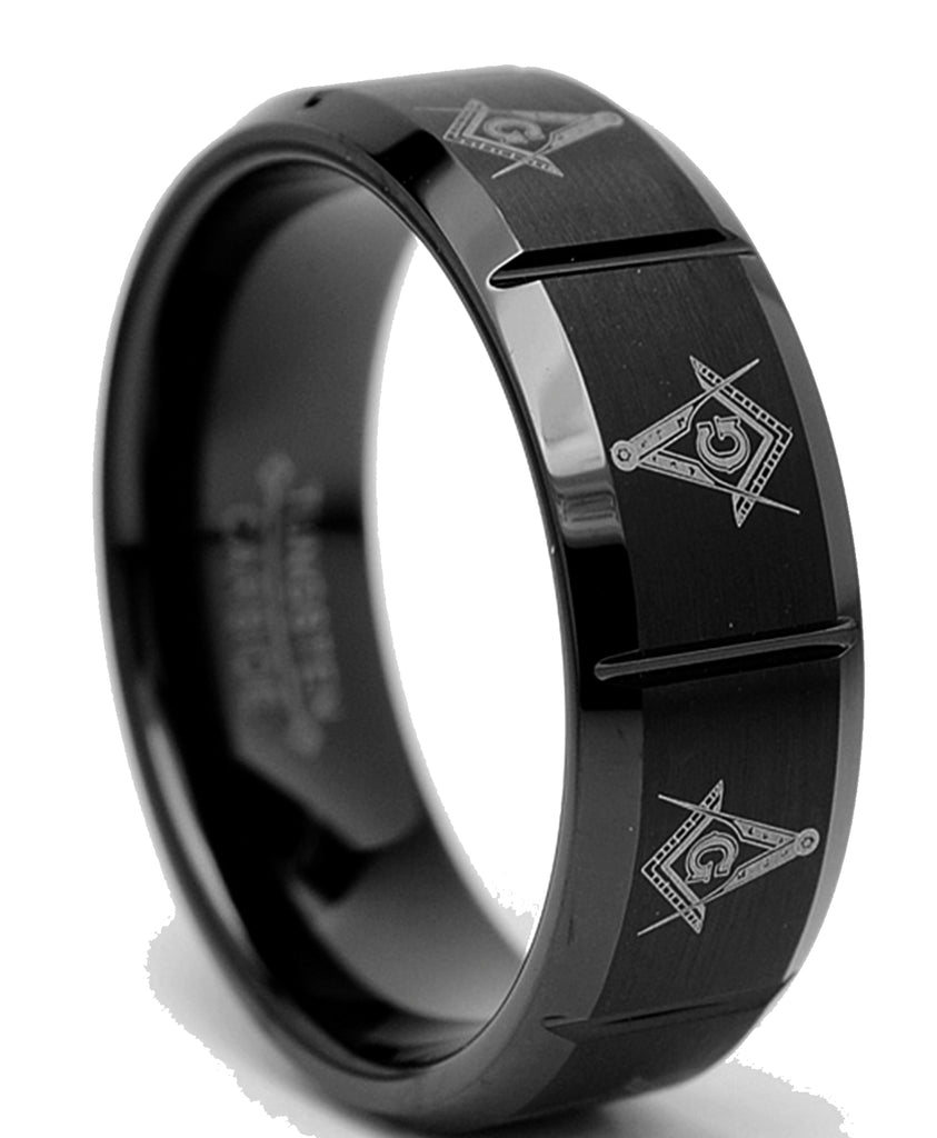 Tungsten Carbide Men's Black Laser Etched Masonic Ring, 8mm Comfort Fit, Sizes 7 to 13