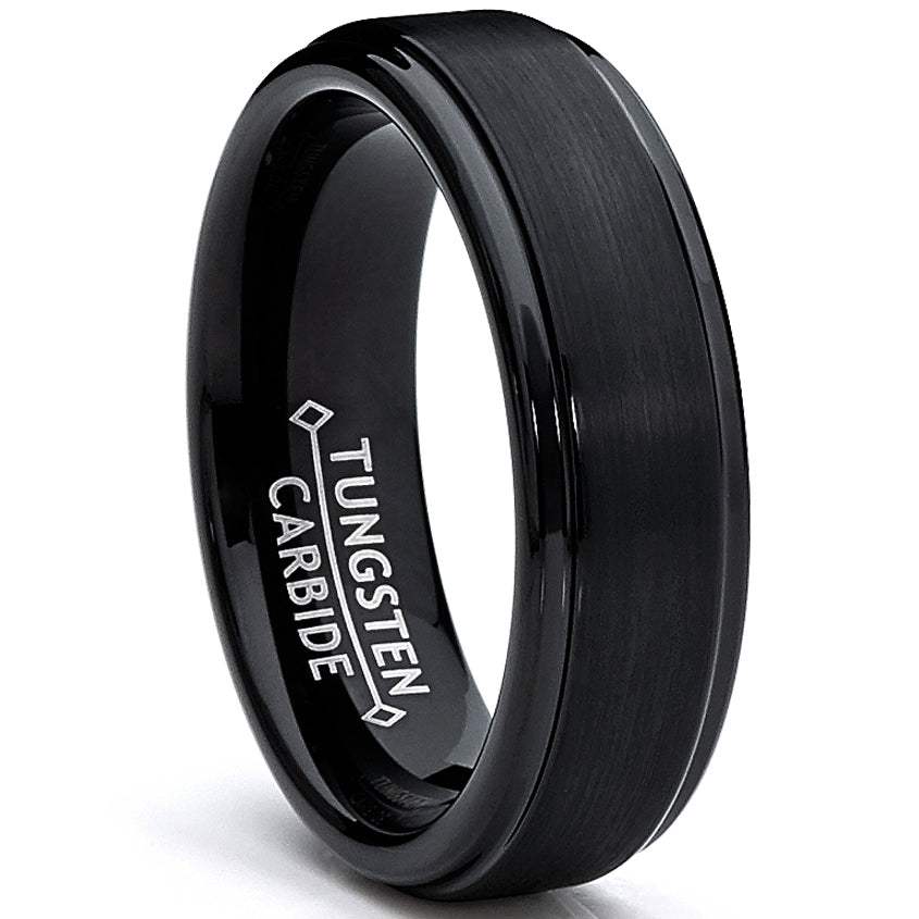 6MM Black High Polish / Matte Finish Men's Tungsten Ring Wedding Band Sizes 5 to 12