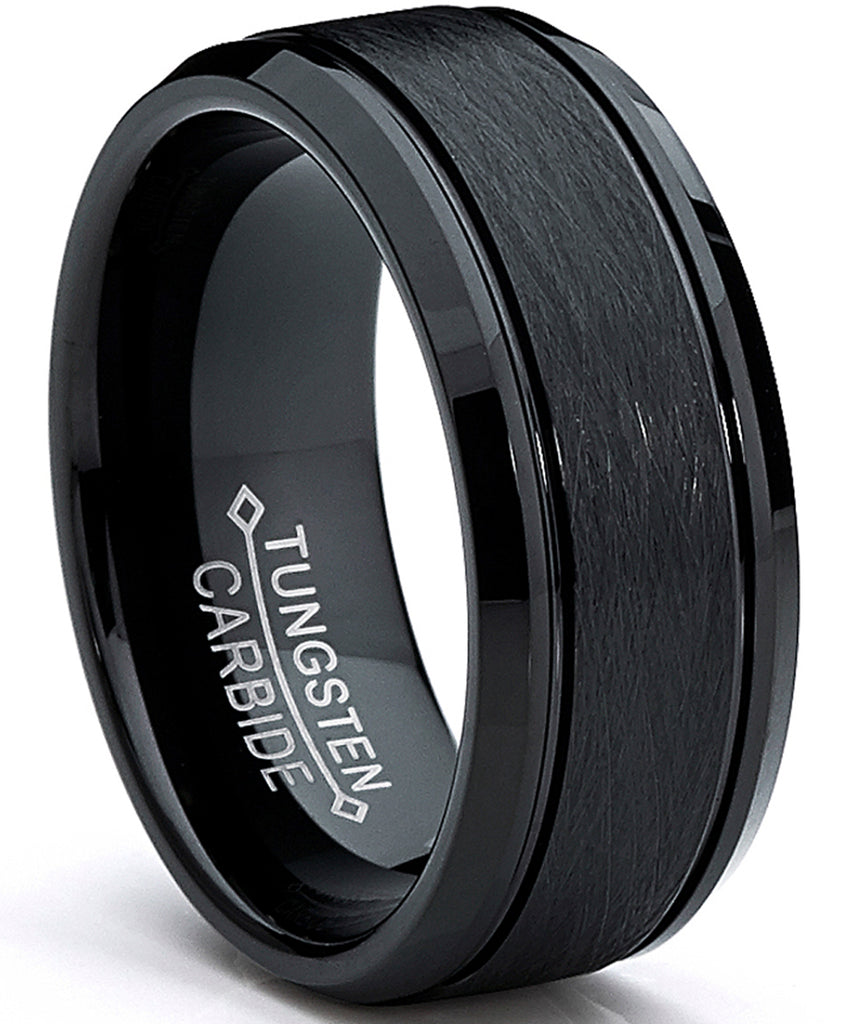 Tungsten Carbide Men's Black Brushed Textured Center Ring Band, 8 mm Comfort Fit Sizes 7 to 15