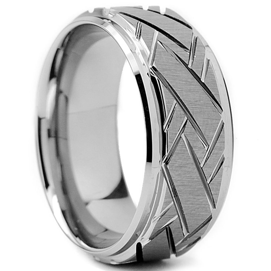 Tungsten Carbide Men's Weave Grooved Pattern Wedding Ring Band, 9mm Sizes 8 to 13