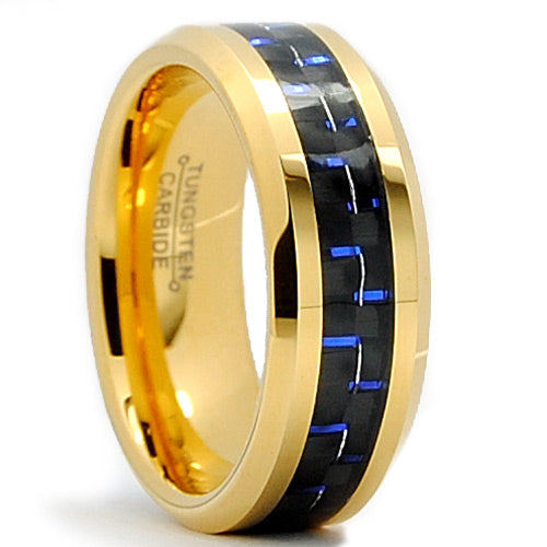 8MM Men's Goldtone Plated Tungsten Carbide Ring Wedding Band W/ Black & Blue Carbon Fiber  Inaly Size 7 to 15
