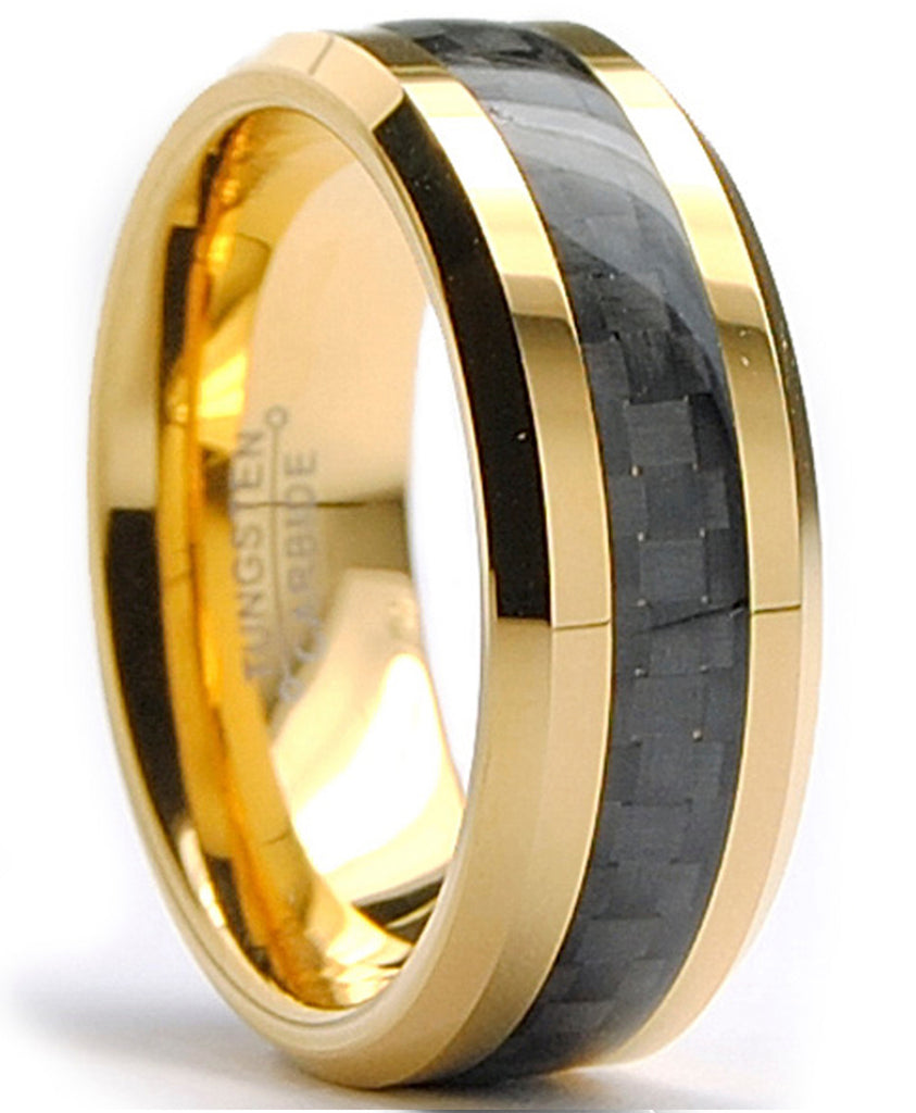 Men's Goldtone Tungsten Ring Wedding Band Black Carbon Fiber 8MM Sizes 7-15