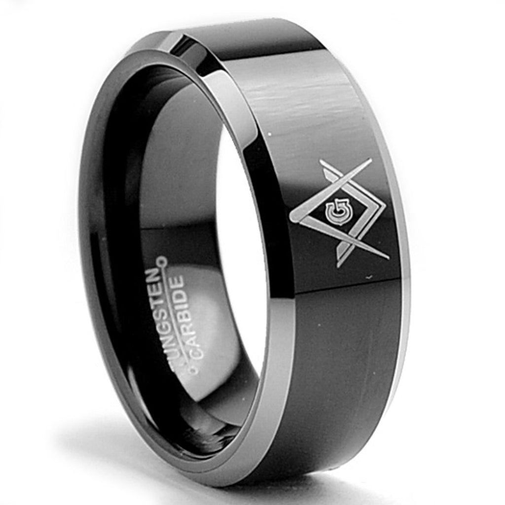 Tungsten Carbide Men's Two Tone Black FREEMASON MASONIC Ring Band 8MM Sizes 6 to 15