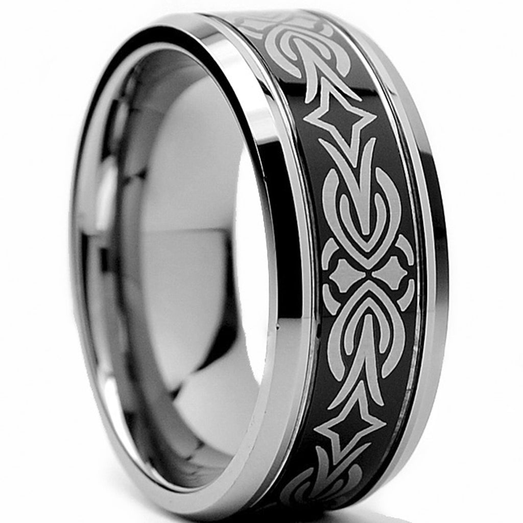 Men's 9MM Tribal Black Two Tone Tungsten Carbide Wedding Band Ring Sizes 8 to 13