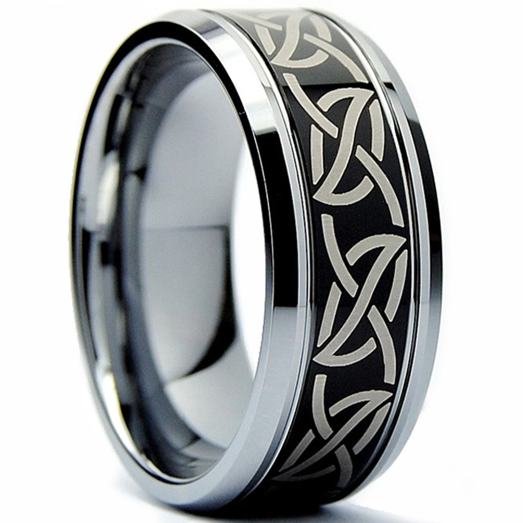 9MM Men's Black Two Tone Tribal Tungsten Carbide Ring Wedding Band Sizes 8 to 13