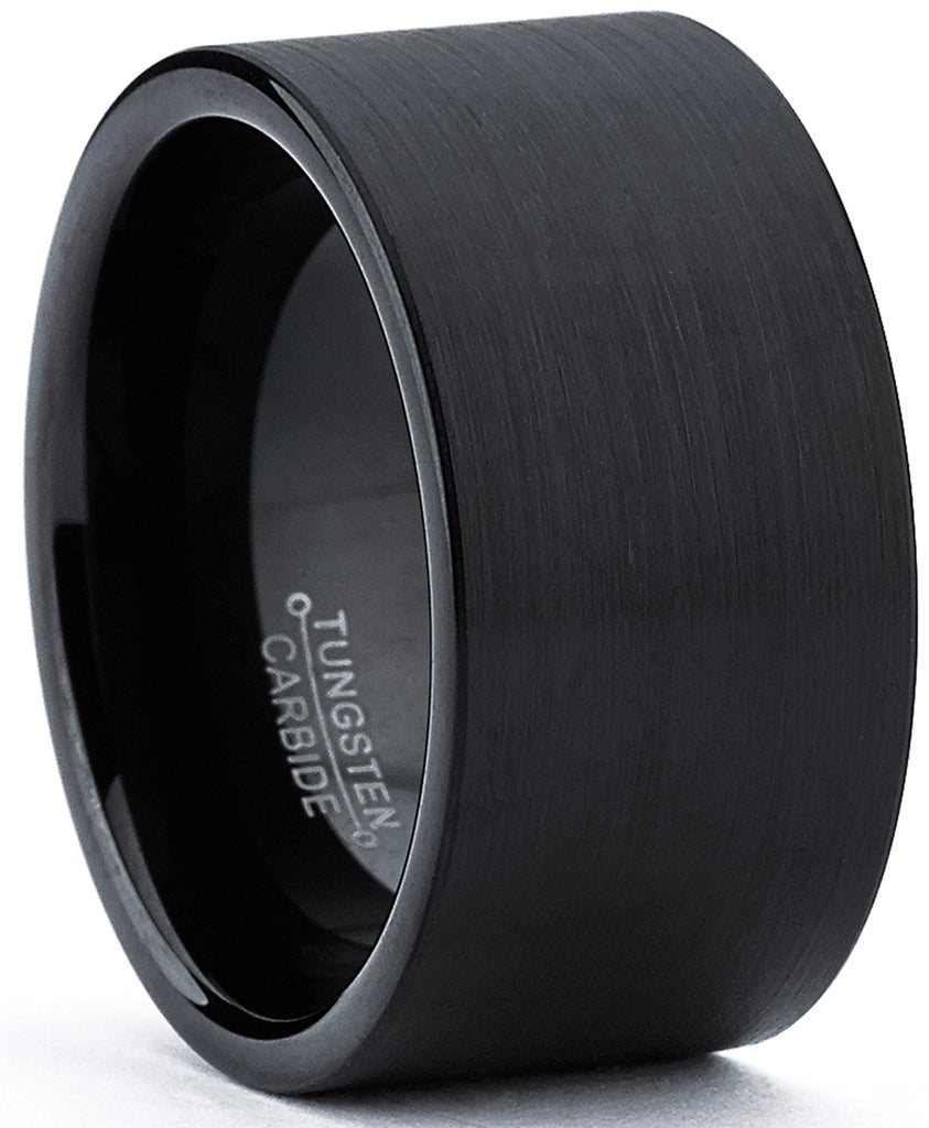 Tungsten Carbide Men's Flat Top Black Brushed Ring Band, 12 mm Comfort Fit Sizes 8 to 15