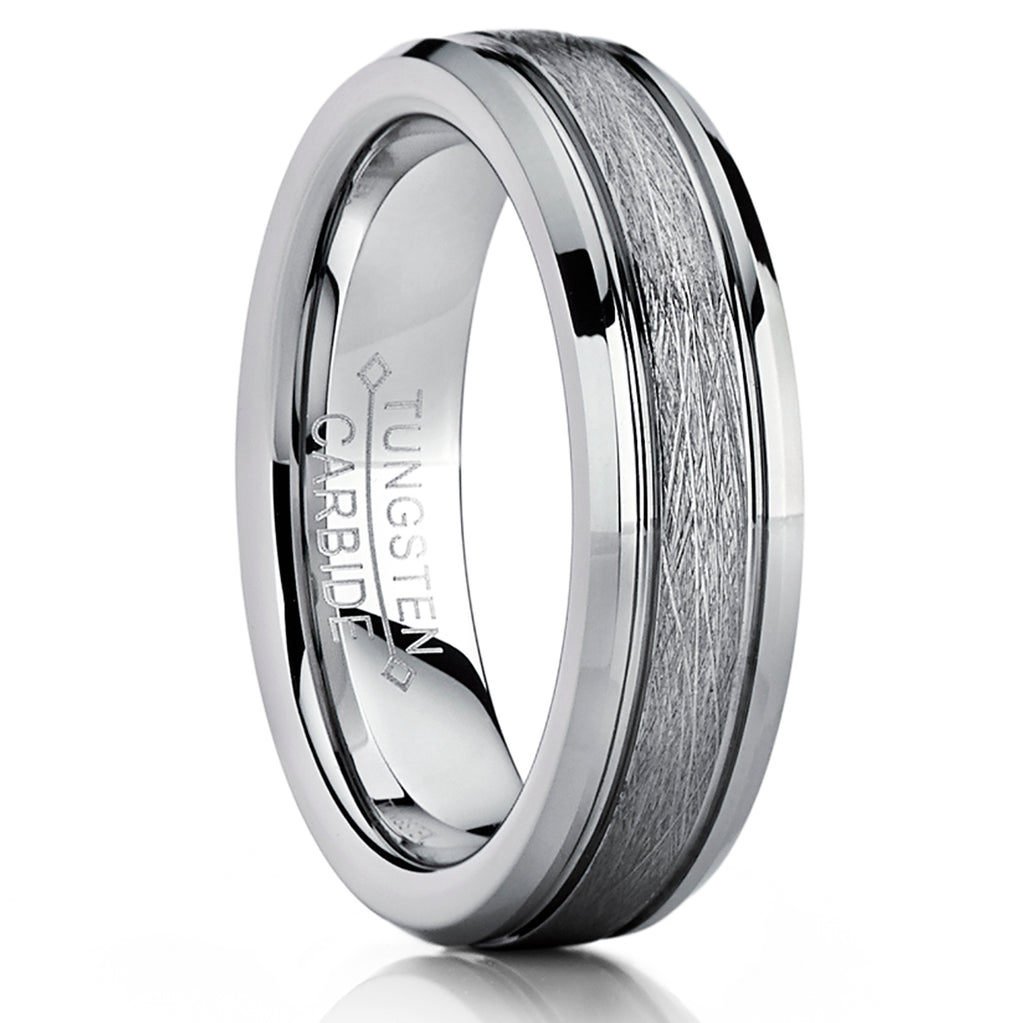 Tungsten Carbide Wedding Band – 6mm Brushed Center, Free Engraving, Sizes 7.5-13
