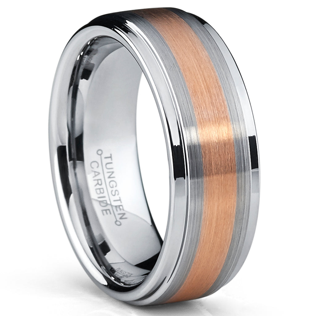 Men's Two Tone Rose Plated Tungsten Carbide Brushed Wedding Band Ring Comfort Fit 8mm