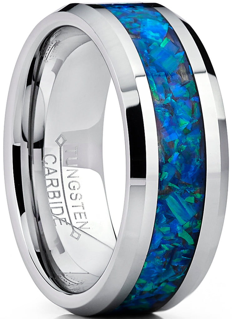 Men's 8MM Tungsten Carbide Wedding Band Ring With Blue Green Simulated Opal Inlay 8MM