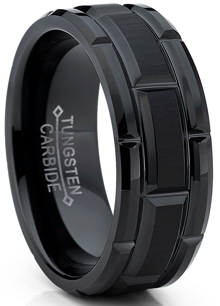 Tungsten Carbide Men's Black Brushed Grooved Wedding Band Engagement Ring, Comfort Fit 8mm