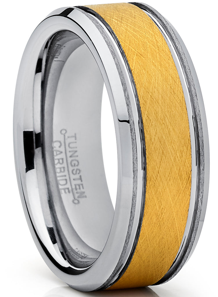 Tungsten Carbide Men's Goldtone Brushed Textured Center Ring Band, 8 mm Comfort Fit Sizes 7 to 15