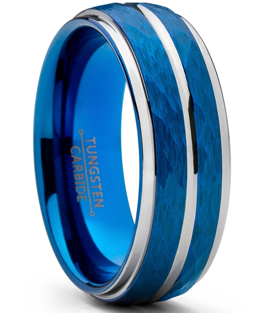 Men's Two Tone Blue Hammered Brushed Tungsten Wedding Ring, 8mm Comfort Fit Band Sizes 7 to 15