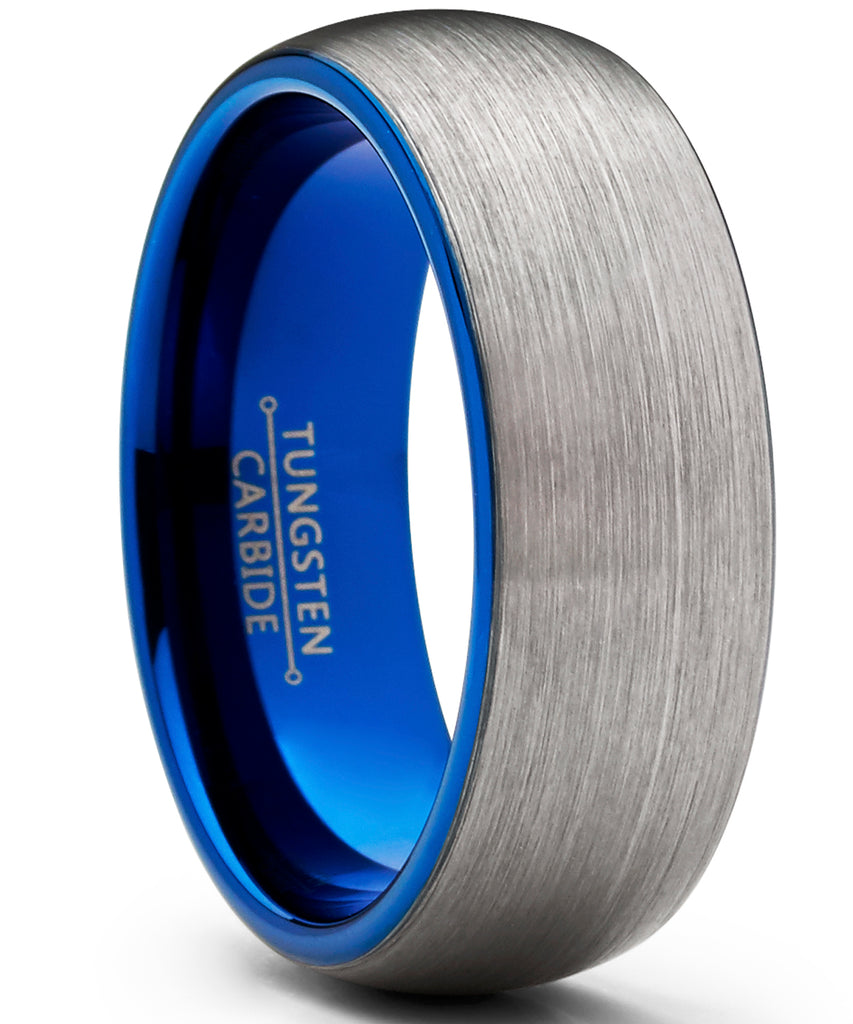 Men's Tungsten Carbide Wedding Band Ring, 8mm Dome Brushed Blue Comfort Fit Band 7 to 15