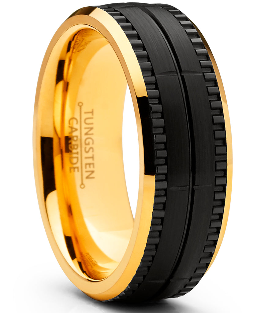 Men's Two Tone Black and Goldtone Textured Brushed Tungsten Wedding Ring, 8mm Comfort Fit Band