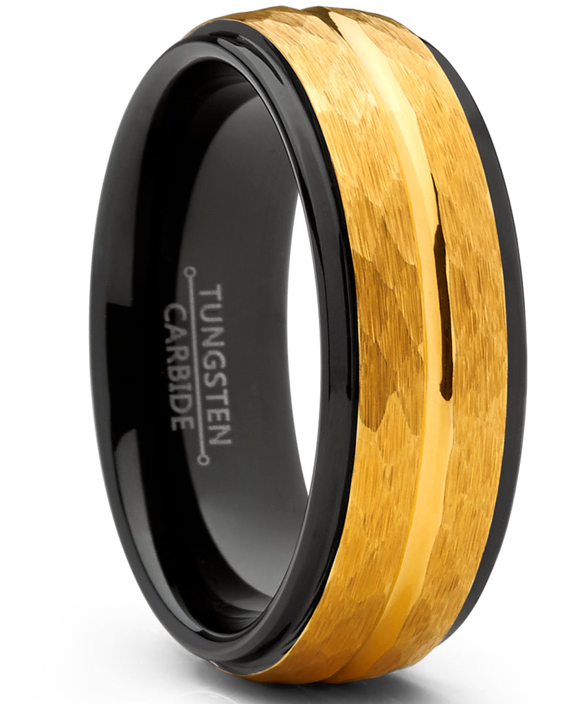 Men's Two Tone Black and Goldtone Hammered Brushed Tungsten Wedding Ring, 8mm Comfort Fit Band 7 to 15