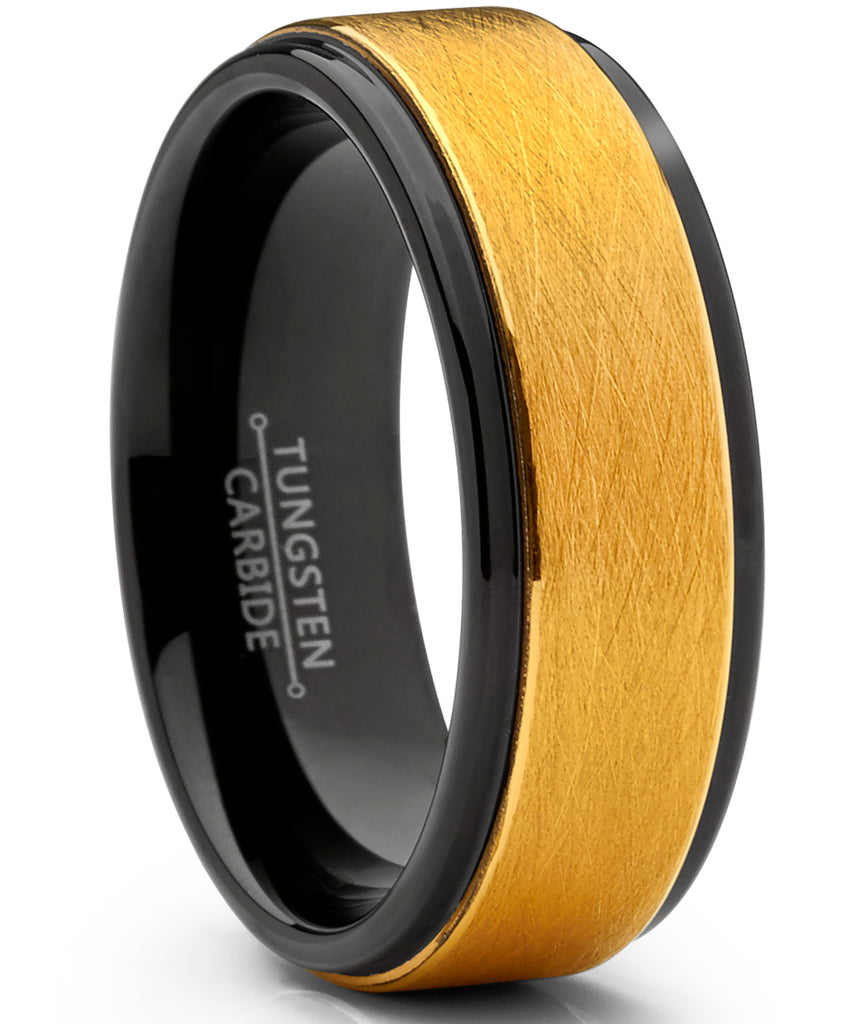 Men's Two Tone Black and Goldtone Textured Brushed Tungsten Wedding Ring, 8mm Comfort Fit Band 7 to 15