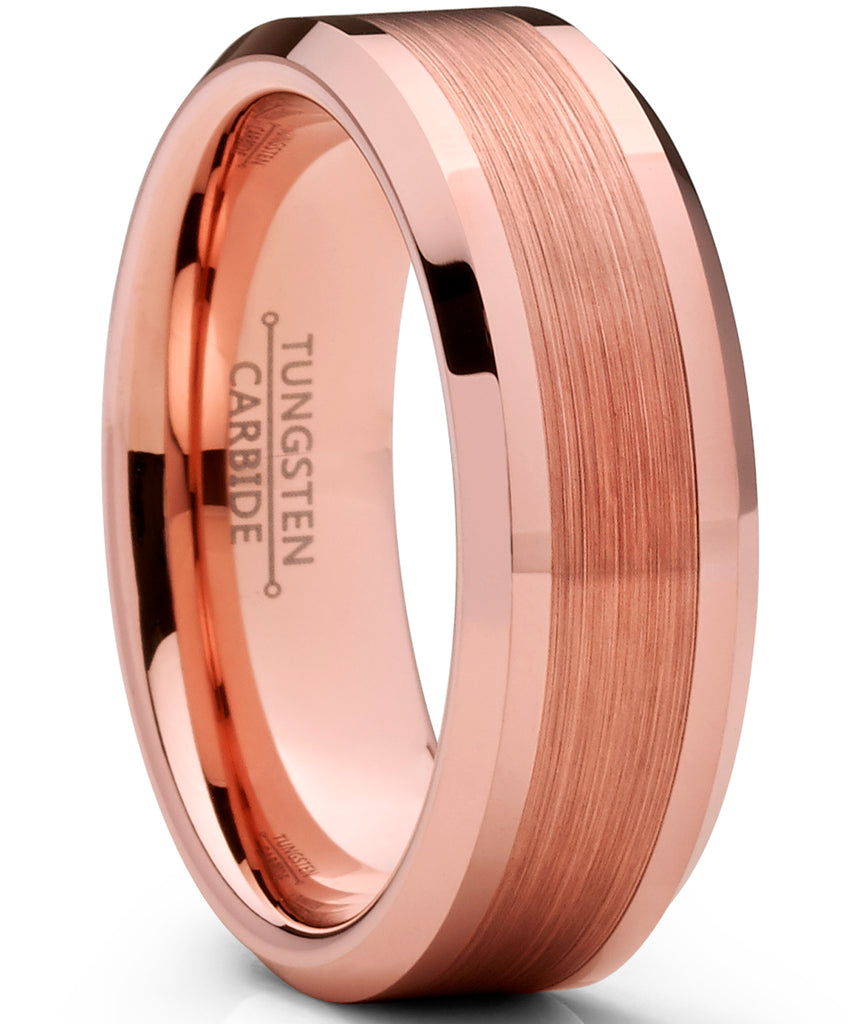 Men's Tungsten Carbide Wedding Band Ring, 8mm Flat Top Brushed Rose Tone, Pink Comfort Fit Band 7 to 15