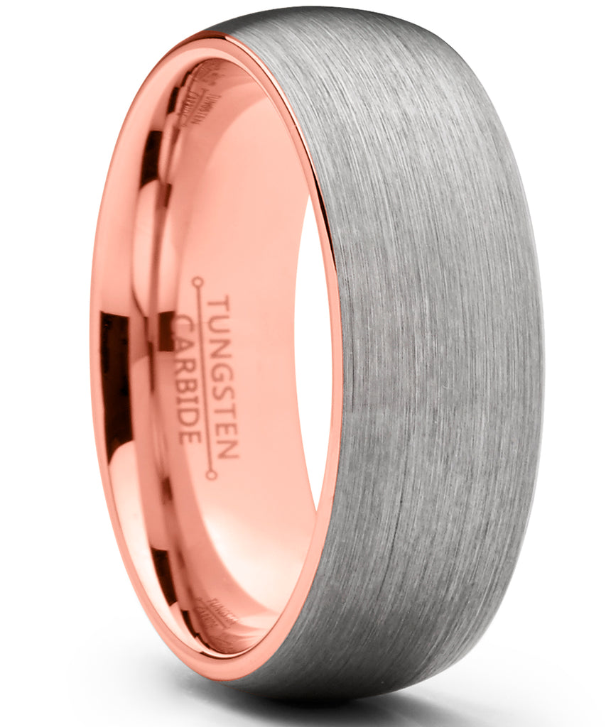 Men's Tungsten Carbide Wedding Band Ring, 8mm Dome Brushed Rose Tone Pink Comfort Fit Band 7 to 15