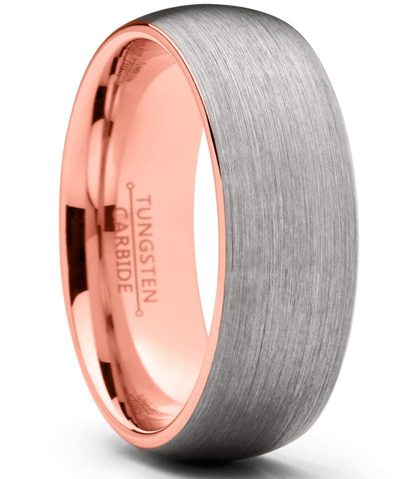 Men's Tungsten Carbide Wedding Band Ring, 8mm Flat Top Brushed Rose Tone,  Pink Comfort Fit Band 13 