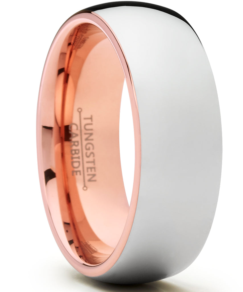 Men's Tungsten Carbide Wedding Band Ring, 8mm Dome High Polish Rose Tone Pink Comfort Fit Band
