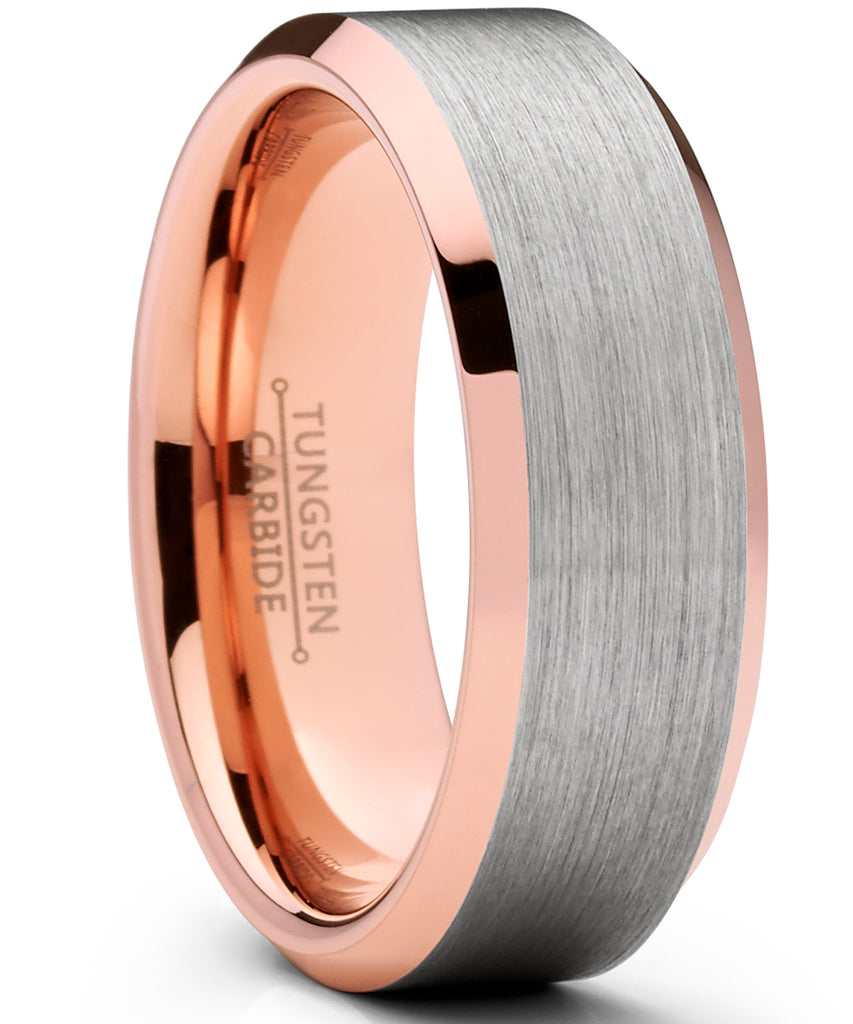 Men's Tungsten Carbide Wedding Band Ring, 8mm Flat Top Brushed Rose Tone, Pink Comfort Fit Band 7 to 15