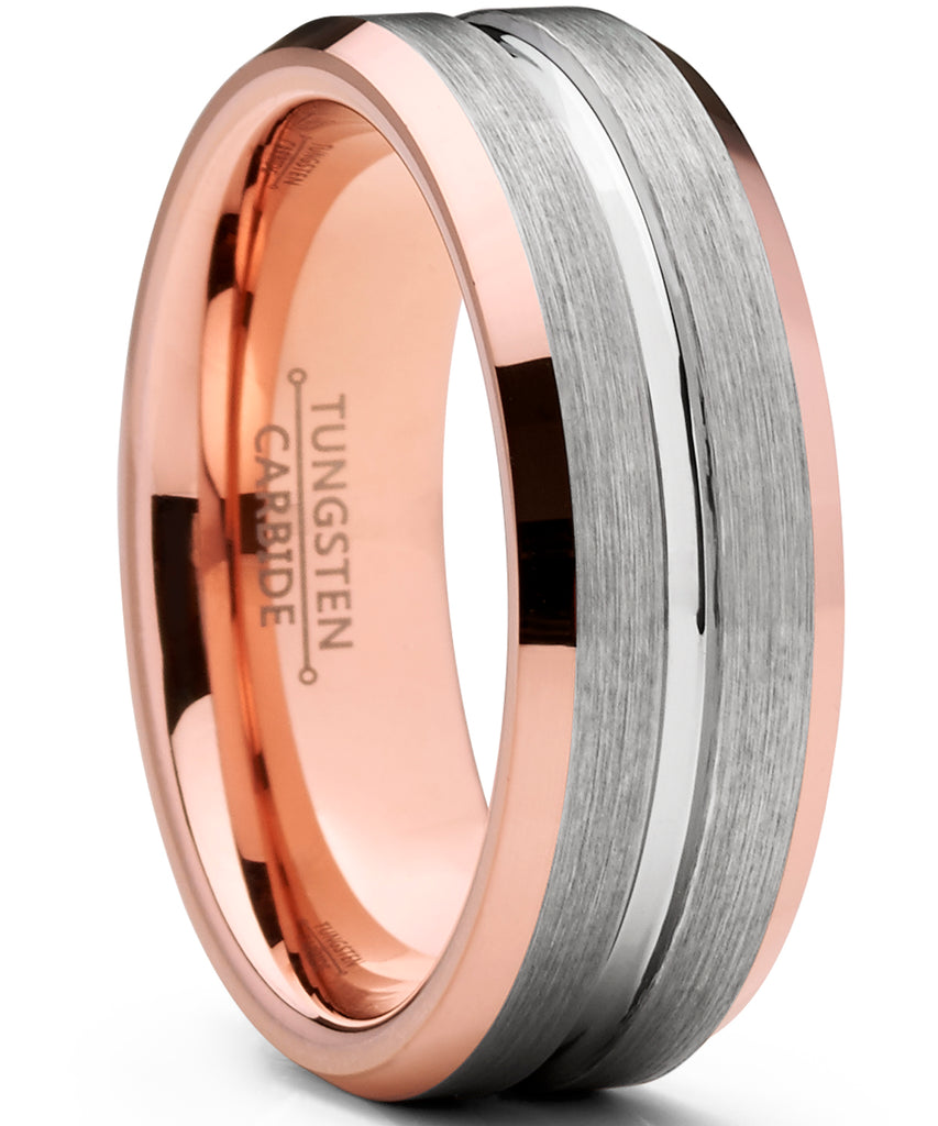 Men's Tungsten Carbide Wedding Band Ring, 8mm Flat Top Brushed Rose Tone, Pink Comfort Fit Band