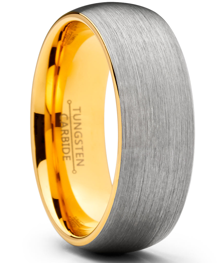 Men's Tungsten Carbide Wedding Band Ring, 8mm Dome Brushed GoldTone Comfort Fit Band 7 to 15