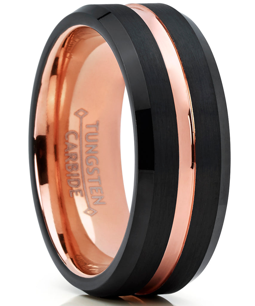 Tungsten Carbide Men's Black and RoseTone Brushed Grooved Wedding Band Engagement Ring, Comfort Fit 7-13