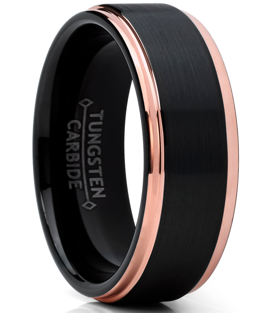 Men's Tungsten Carbide Black and RoseTone Brushed Raised Center Wedding Band Engagement Ring, Comfort Fit