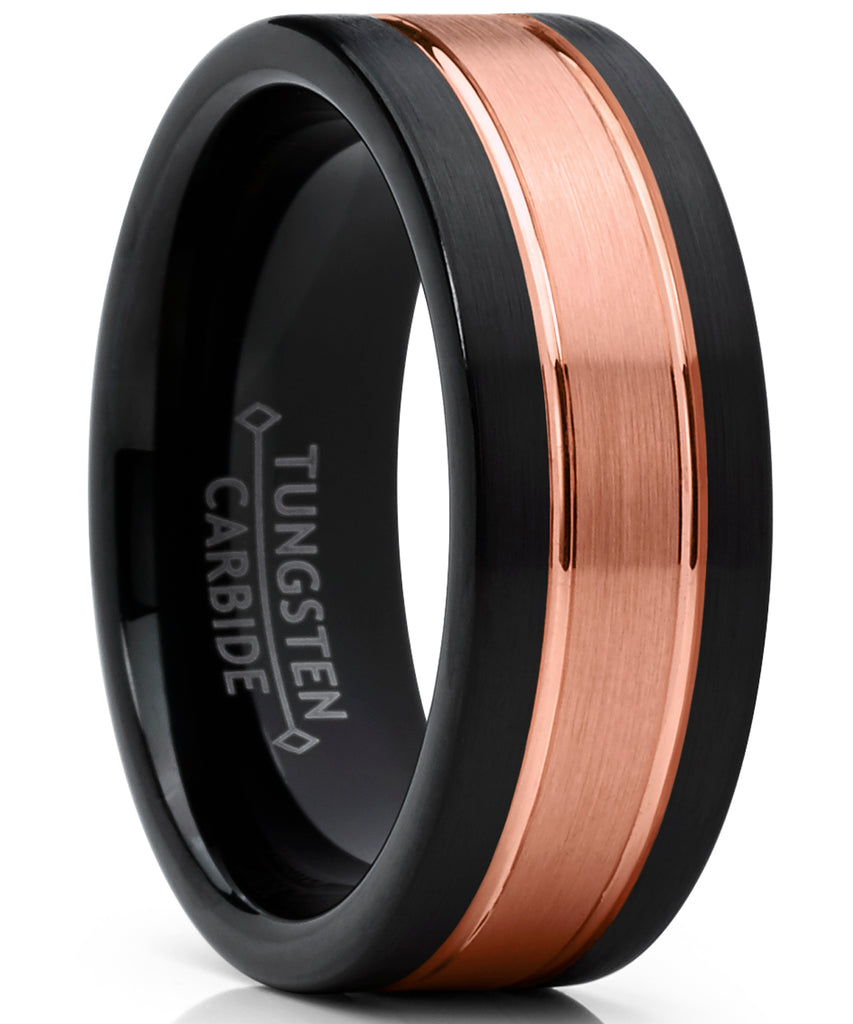 Men's Tungsten Carbide Black and RoseTone Brushed Wedding Band Engagement Ring, Comfort Fit 7-13