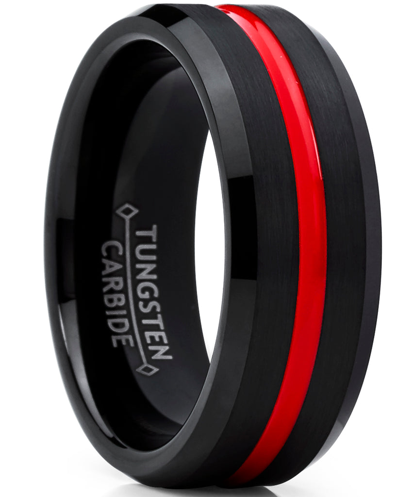 Men's Tungsten Carbide Black Wedding Band Engagement Ring,Grooved Red Center, Comfort Fit 7-13