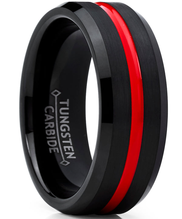 Men's Tungsten Carbide Black Wedding Band Engagement Ring,Grooved Red Center, Comfort Fit 7-13