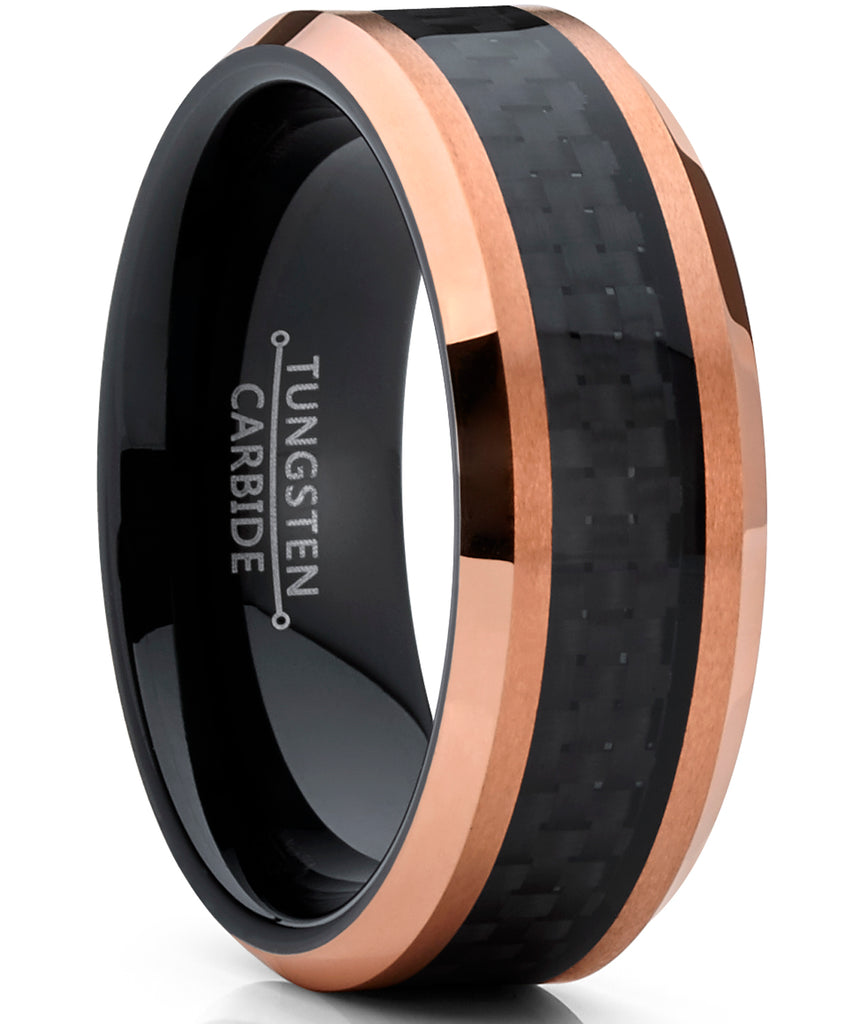 Men's Tungsten Carbide Black and RoseTone Brushed Wedding Band Engagement Ring Carbon Fiber Inlay, 8mm