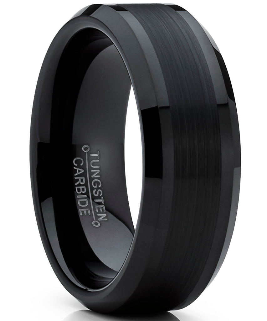 Tungsten Carbide Men's Black Brushed Center Wedding Band Engagement Ring,  8 mm Comfort Fit