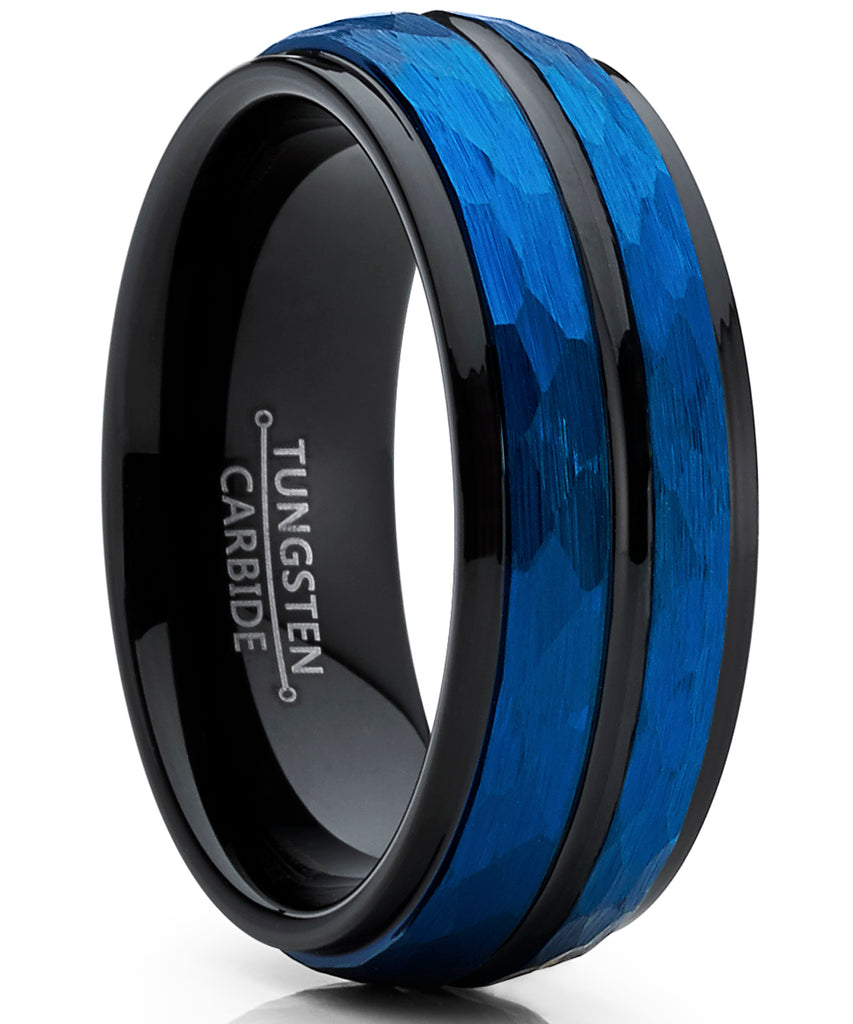 Men's Tungsten Carbide Hammered Brushed Finish Wedding Band Ring 8MM Blue Black Dome