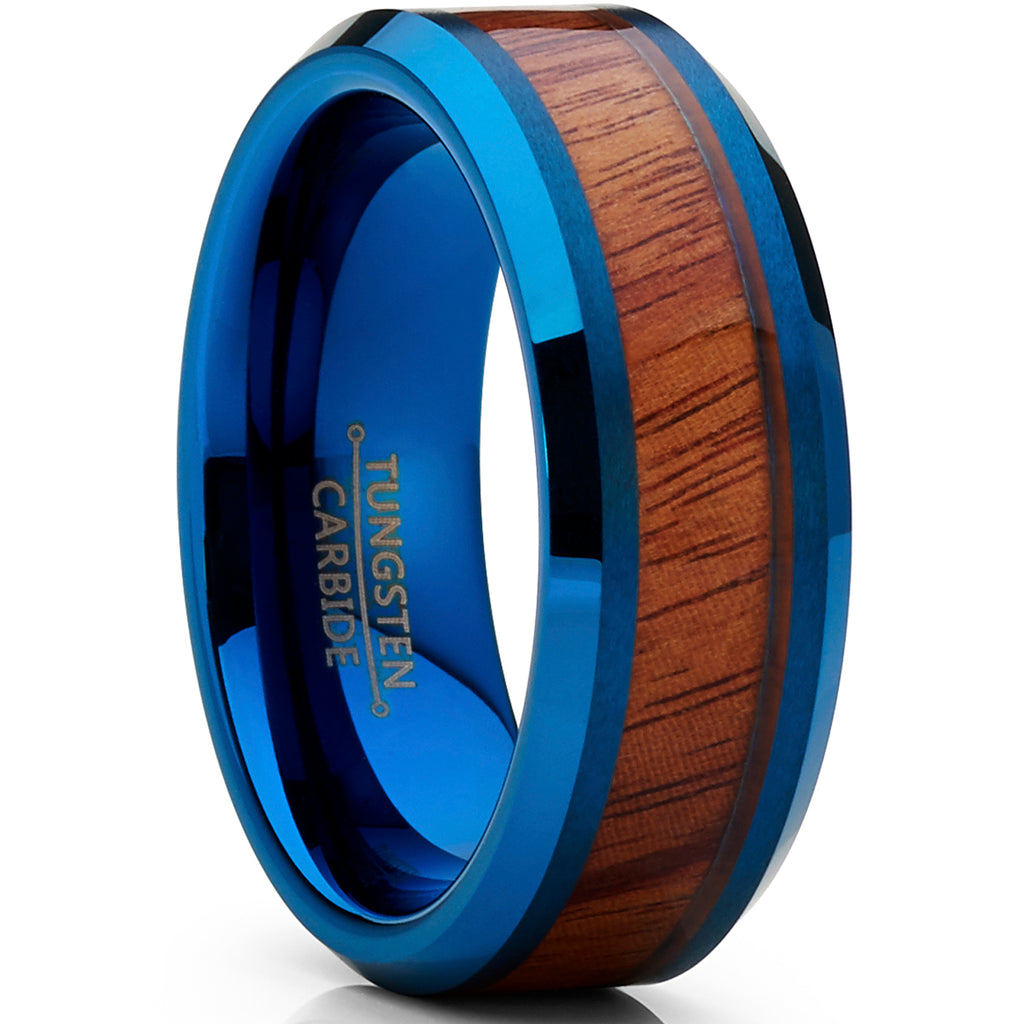 Tungsten Carbide Men's Blue Brushed Wedding Band Engagement Ring with Real Santos Wood Inlay, Comfort Fit 8mm