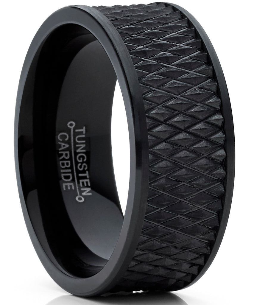 Men's Black Tungsten Carbide Wedding Band Engagement Ring Diamond Treaded Design, Flat Top 9mm