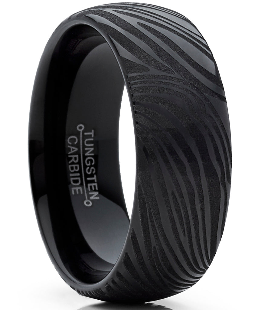 Men's Black Tungsten Carbide Dome Wedding Band Engagement Ring with Damascus Style Texture 8mm 7-15
