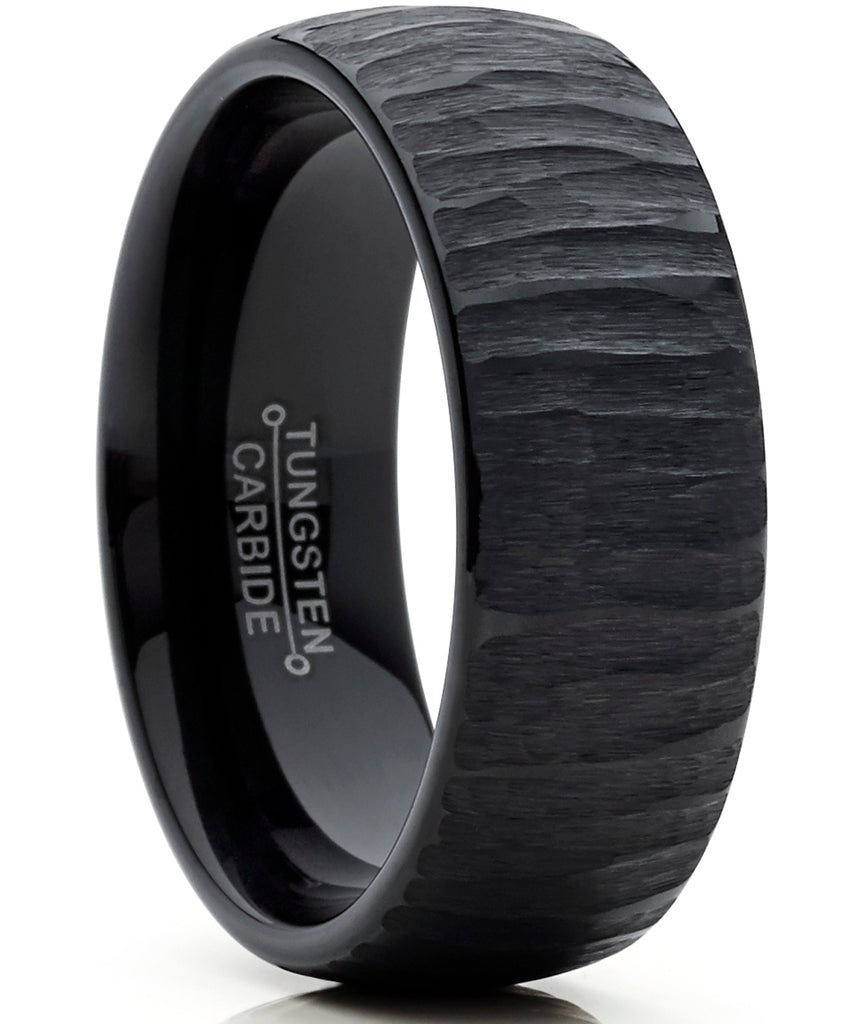 Men's Black Tungsten Carbide Dome Wedding Band Engagement Ring Chieseled Tree Bark Textured Design