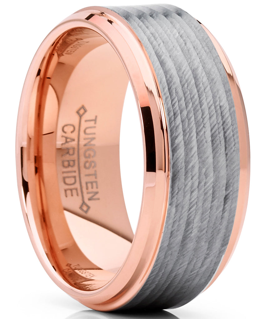 Men's Rose Tone Tungsten Carbide Wedding Band Ring With Banded Satin Stripes and Beveled Edges 9mm