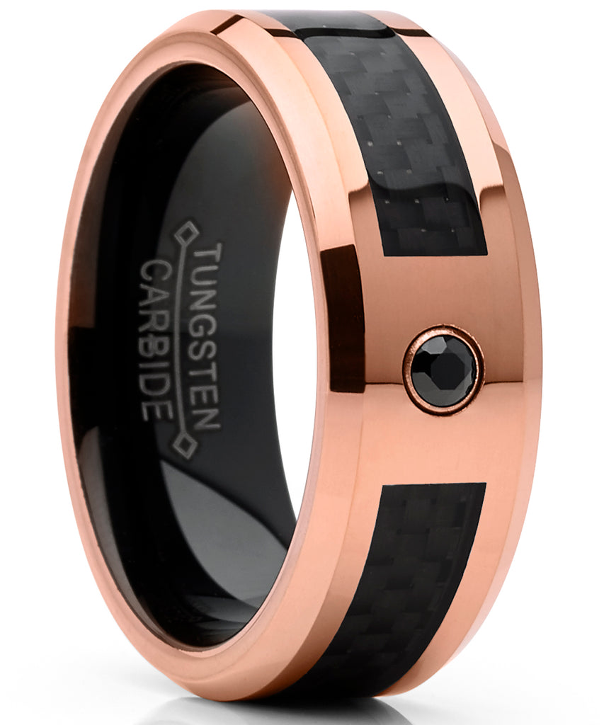 Men's Rose Tone Tungsten Carbide Wedding Band with Black Diamond and Carbon Fiber Inlay 8mm