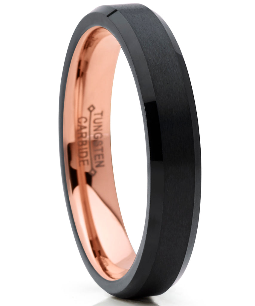 4mm Wide Tungsten Carbide Black and RoseTone Brushed Wedding Band Engagement Ring, Comfort Fit 5-12