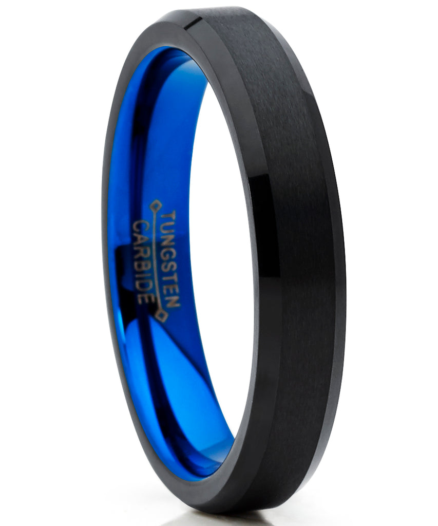 4mm Wide Tungsten Carbide Brushed Black and Blue Wedding Band Engagement Ring, Comfort Fit