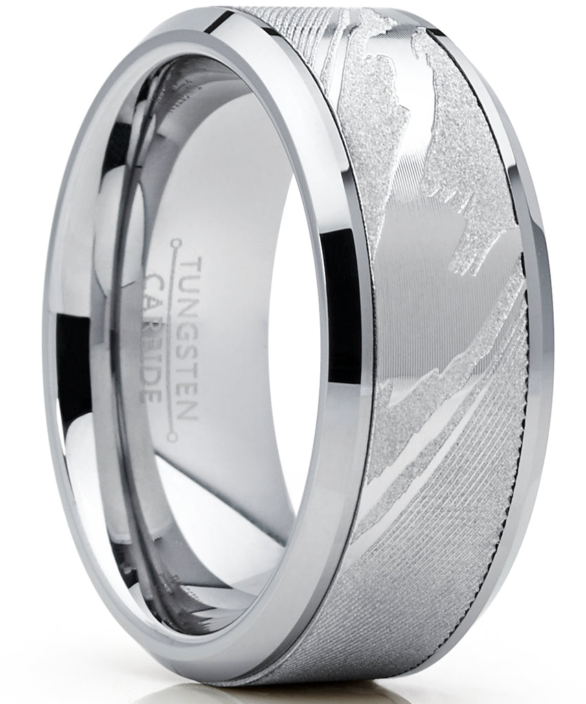 Men's Tungsten Carbide Wedding Band Ring, Inlaid Simulated Damascus Pattern 9mm