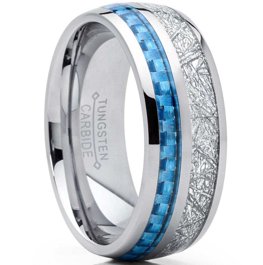 8mm Men's Tungsten Carbide Wedding Band Engagement Ring with Baby Blue Carbon Fiber and Imitated Meteorite, Comfort Fit