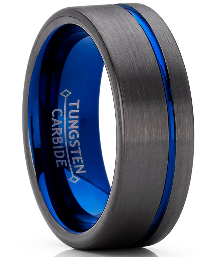 Men's Grooved Tungsten Carbide Wedding Band Engagement Ring Gun Metal and Blue Color, Comfort Fit 8mm